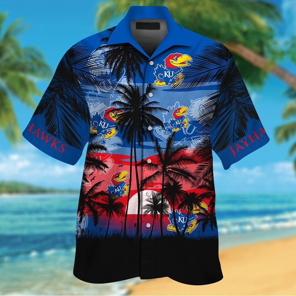 Kansas Jayhawks Tropical Short Sleeve Button Up Tropical Shirt Hawaiian Shirt