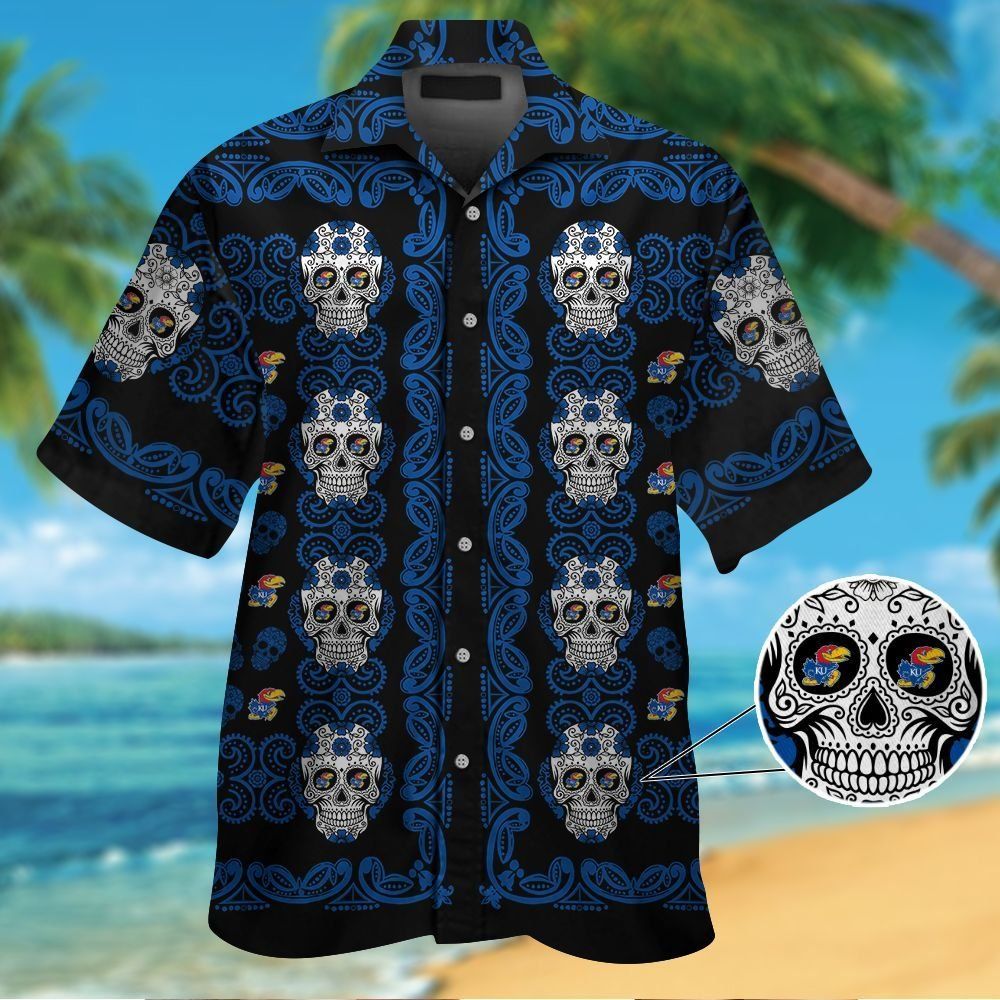 Kansas Jayhawksskull Short Sleeve Button Up Tropical Hawaiian Shirt