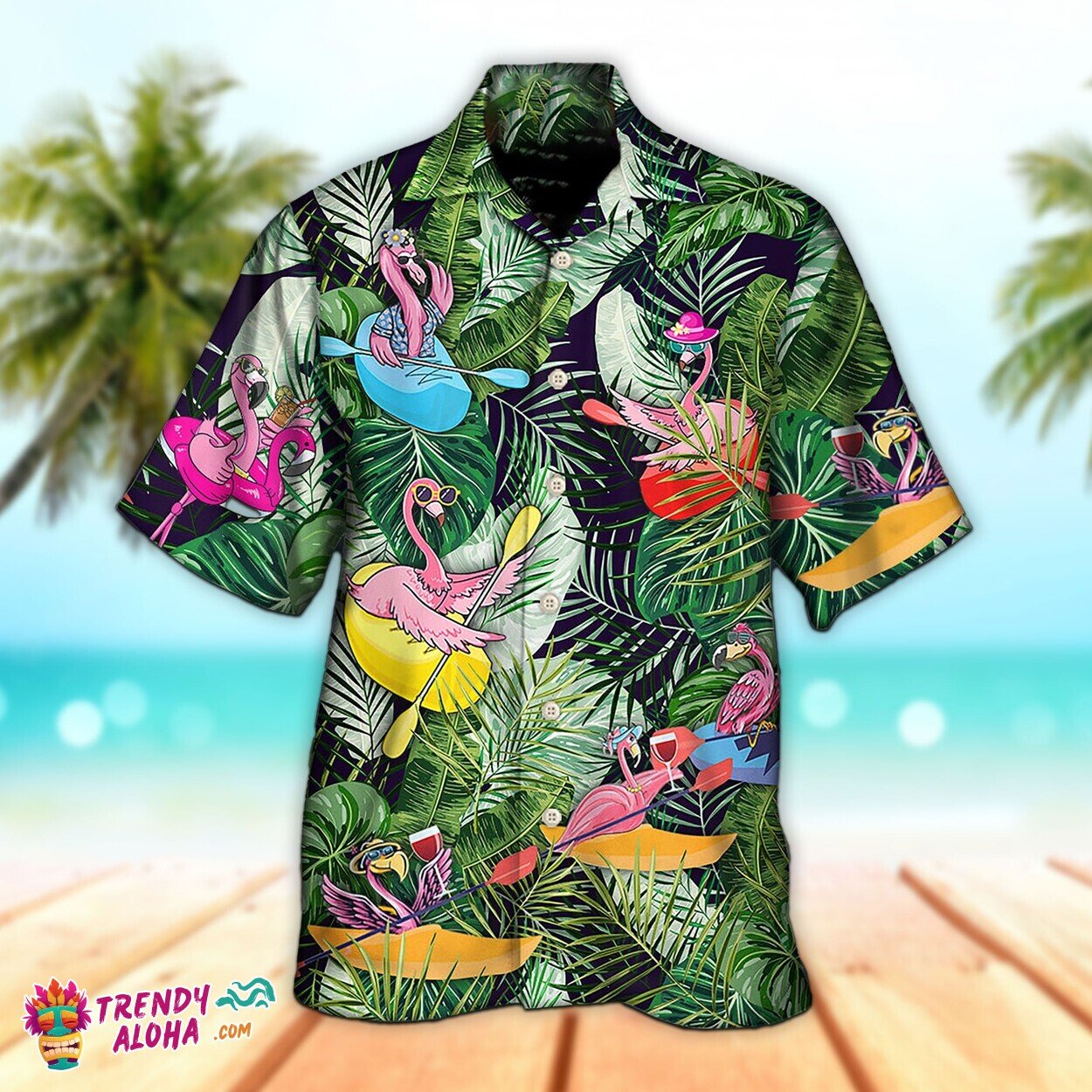Kayaking Flamingo Funny Custom Unisex Aloha Hawaiian Summer Shirt