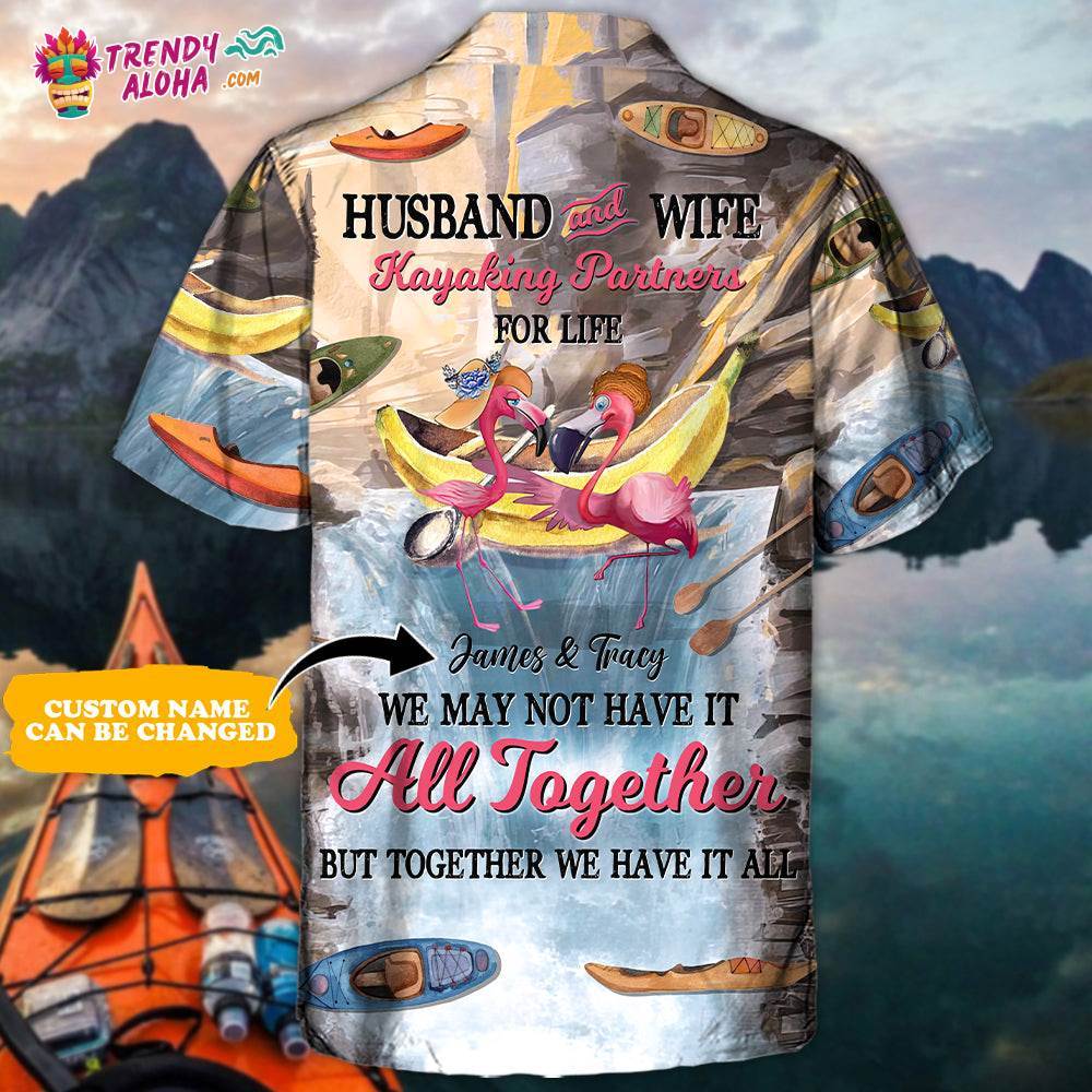 Kayaking Flamingo Husband And Wife Kayaking Partners For Life Personalized – Hawaiian Shirt – Personalized Photo Gifts Hawaiian Shirt – Trendy Aloha