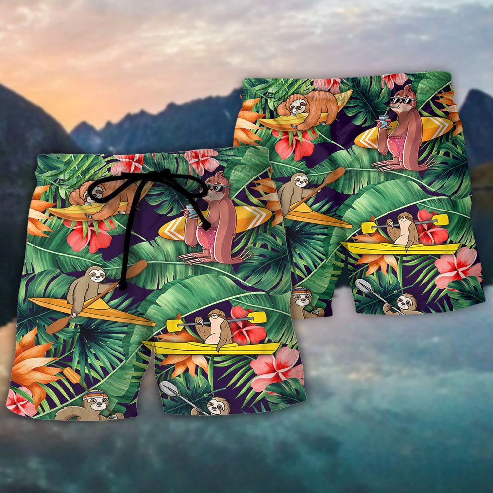 Kayaking Funny Sloth Playing Kayaking Gets Me Wet Tropical Kayaking Lover Trendy Aloha Hawaiian Beach Shorts
