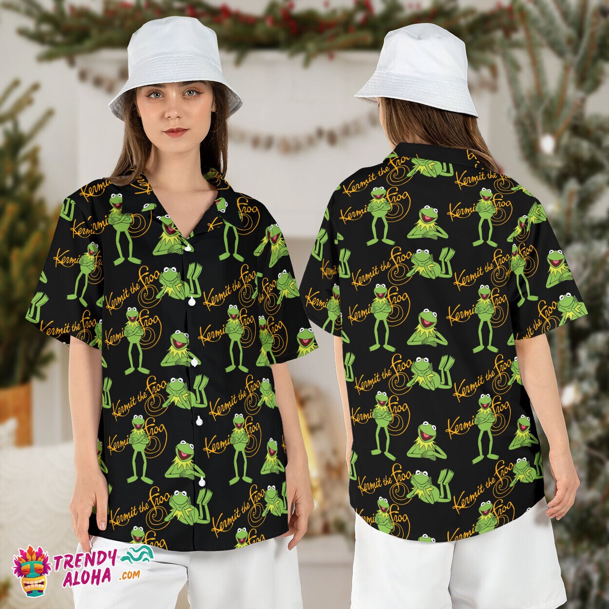 Kermit Frog Muppets Green Tropical Button Disneyland Aloha Tee