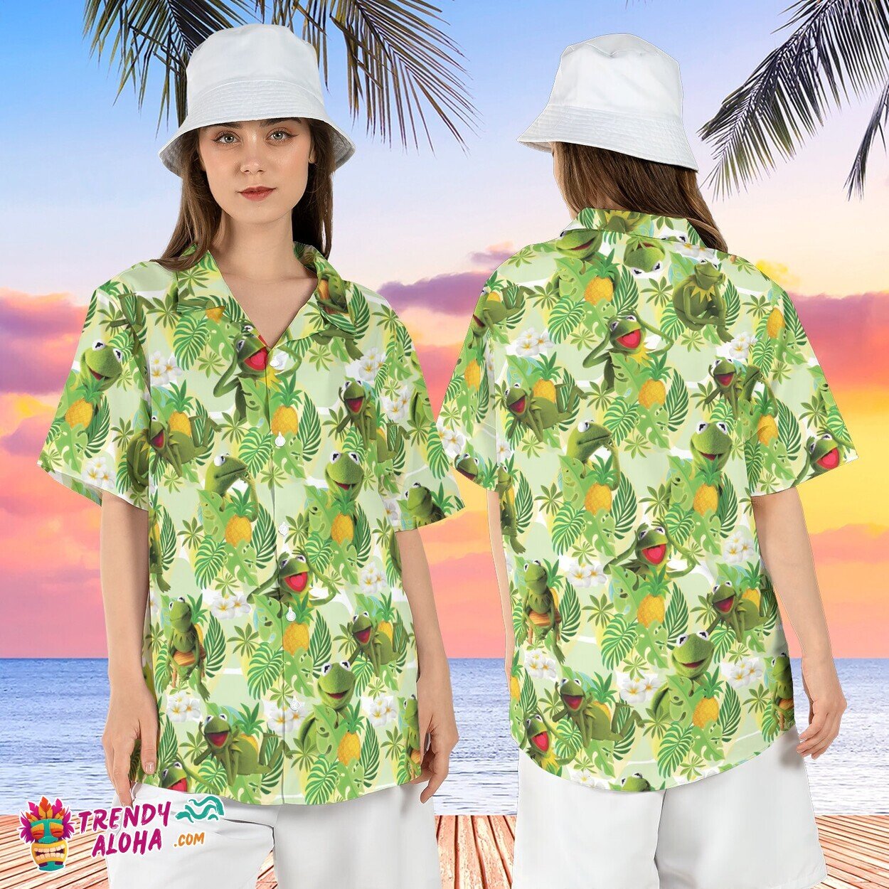Kermit Frog Pineapple Tropical Muppets Show Vacation Aloha Shirt