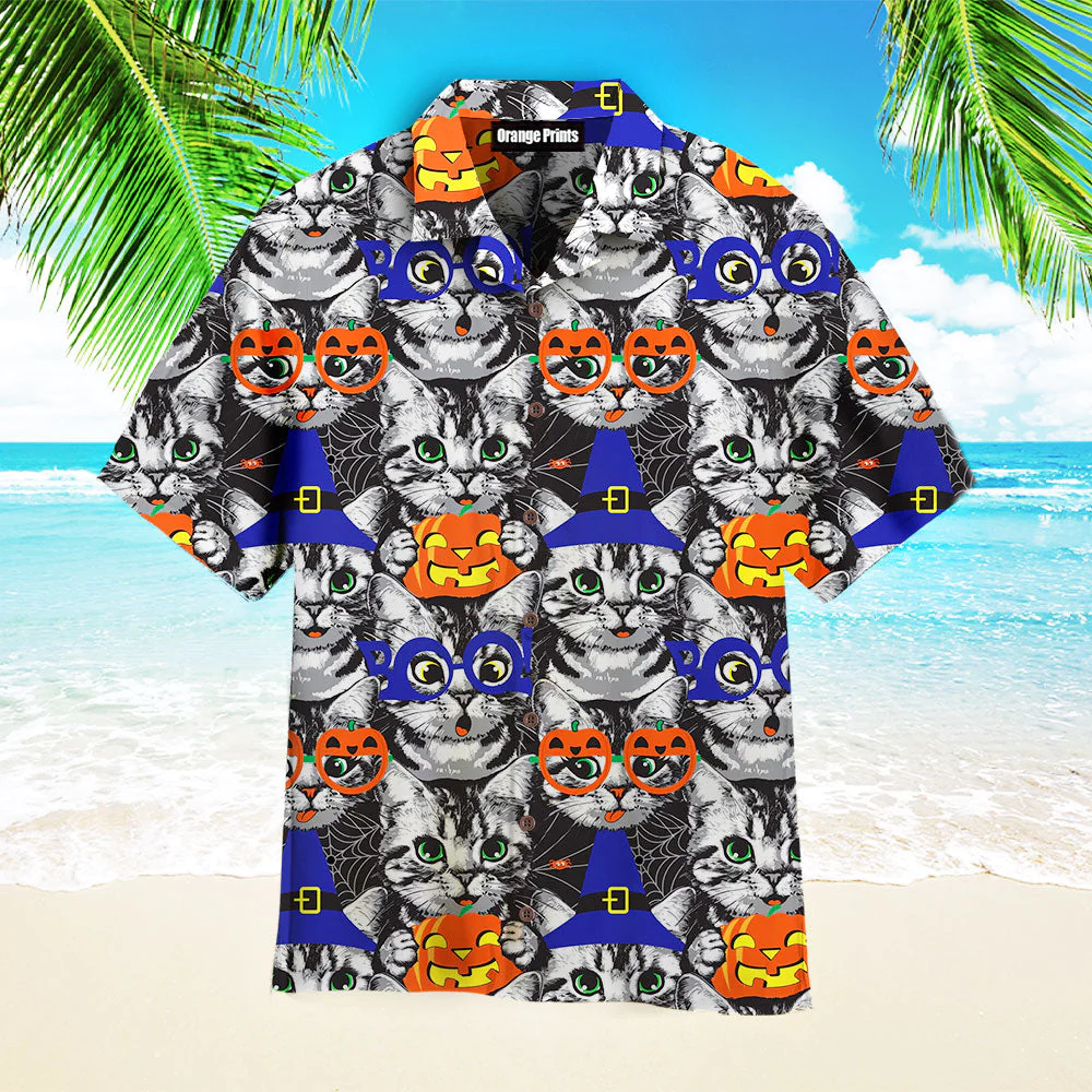 Kittens Face Witch Hat Pumpkin Halloween Pattern Aloha Trendy Hawaiian Shirts