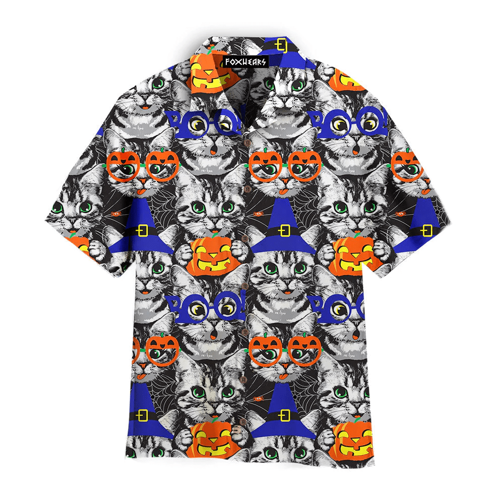 Kittens Face Witch Hat Pumpkin Halloween Pattern Aloha Trendy Hawaiian Shirts