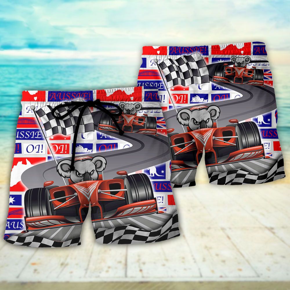Koala Racing Formula One Car Racing Art Australian Vibe Trendy Aloha Hawaiian Beach Shorts