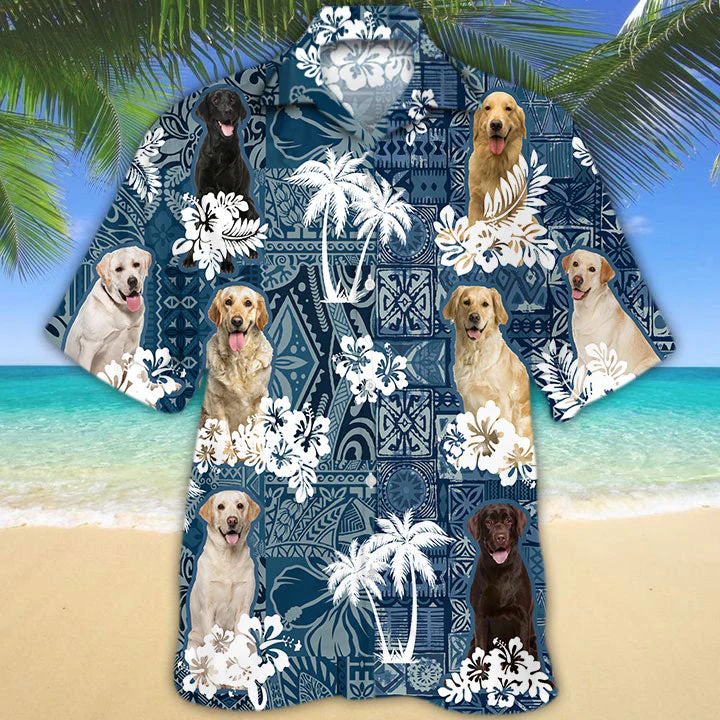 Labrador Retriever Hawaiian Tropical Plants Pattern Blue And White All Over Printed 3D Hawaiian Shirt
