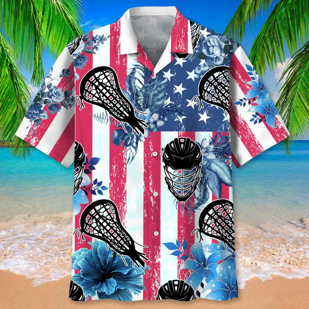 Lacrosse American Flag Trendy Hawaiian Shirt, Summer Short Sleeve Shirts For Men And Women Lacrosse American Flag Trendy Hawaiian Shirt, Summer Short Sleeve Shirts For Men And Women