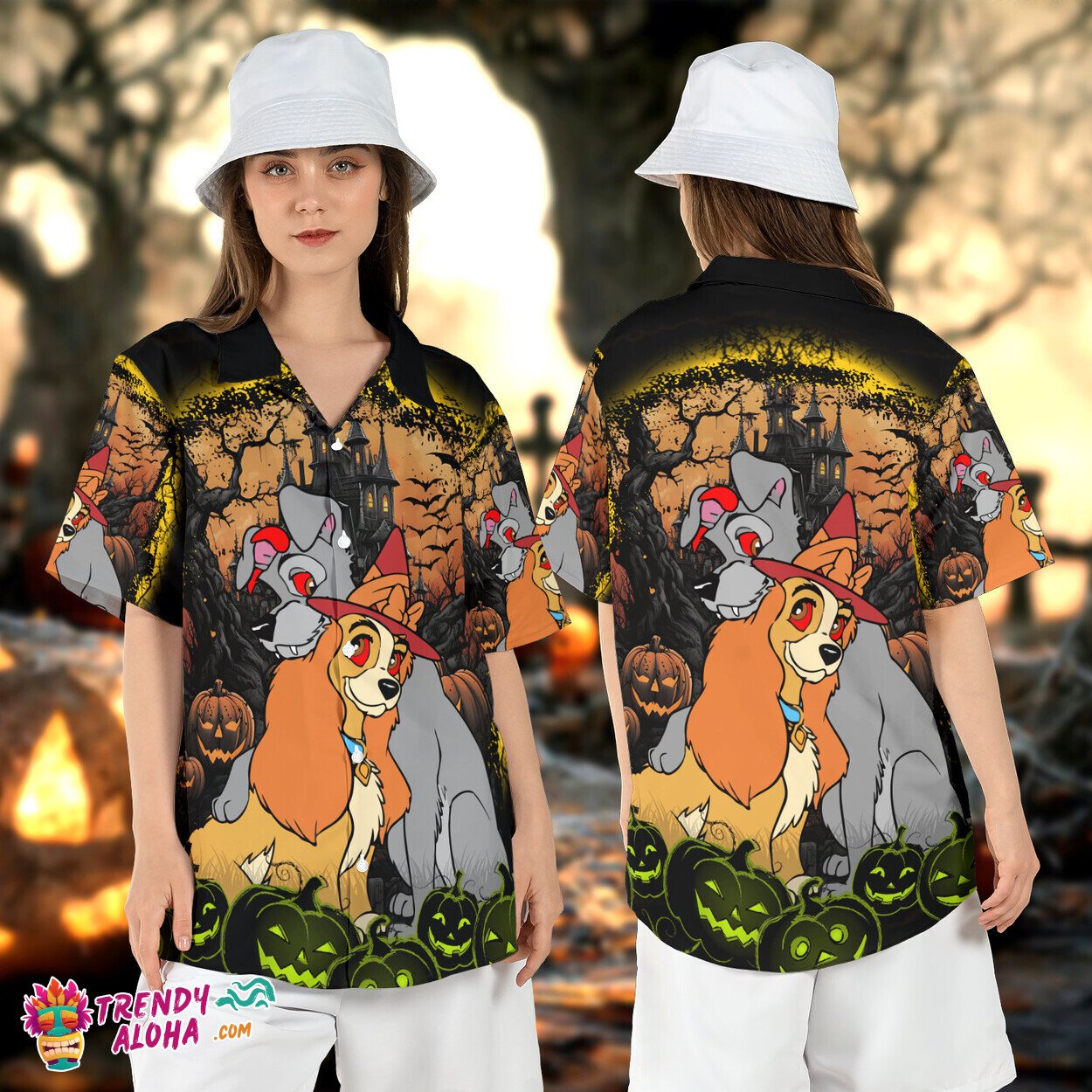 Lady Tramp Halloween Couple Dog Lovers Spooky Aloha Shirt