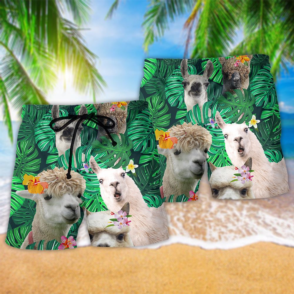 Lama Cute Love Green Tropical Trendy Aloha Hawaiian Beach Shorts