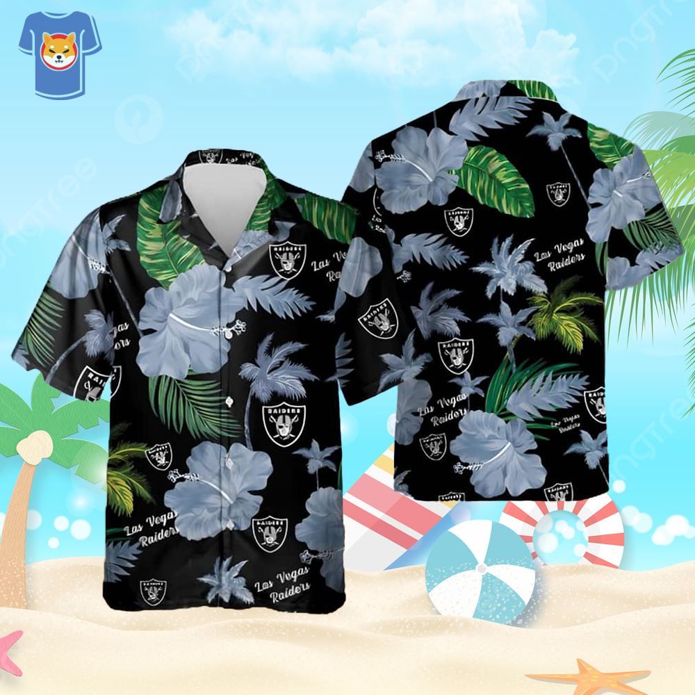 Las Vegas Raiders Hawaiian Shirt Hibiscus Flower Pattern On Dark Theme