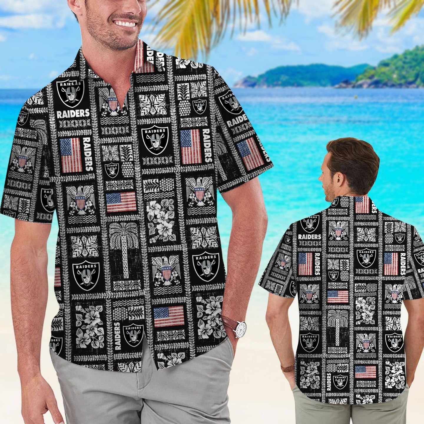 Las Vegas Raiders Summer Commemorative Short Sleeve Button Up Tropical Hawaiian Shirt