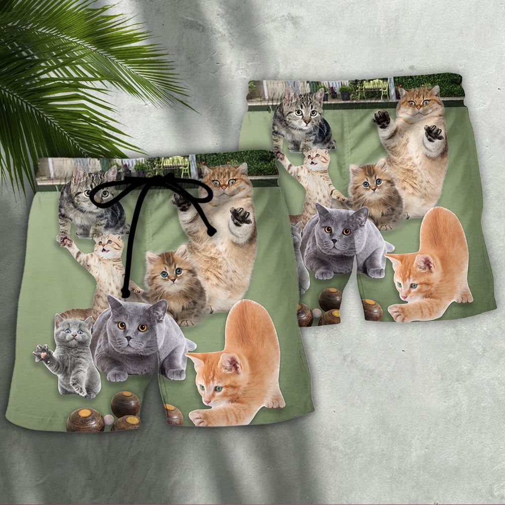 Lawn Bowling Cat Play In Yard Trendy Aloha Hawaiian Beach Shorts