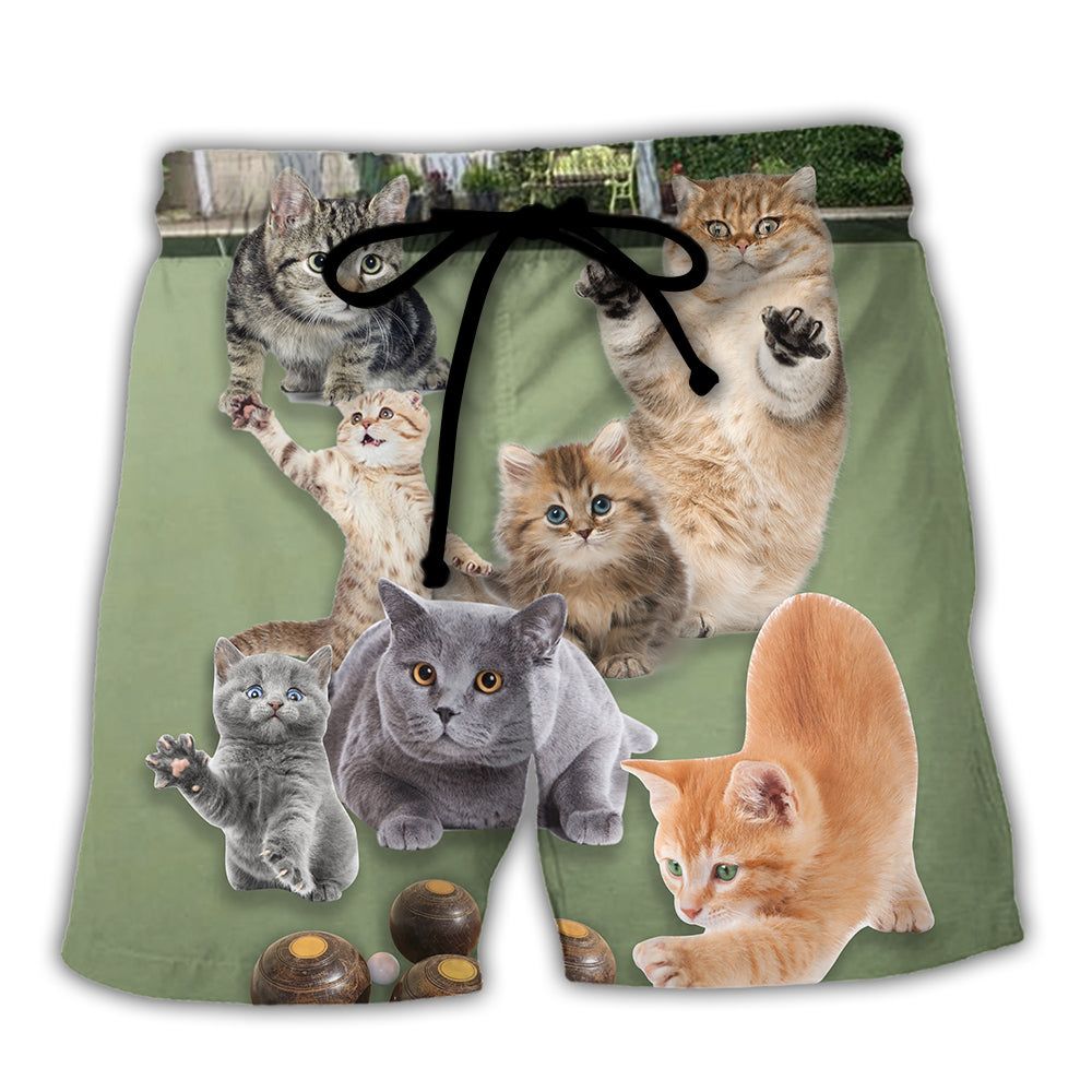 Lawn Bowling Cat Play In Yard Trendy Aloha Hawaiian Beach Shorts Lawn Bowling Cat Play In Yard Trendy Aloha Hawaiian Beach Shorts
