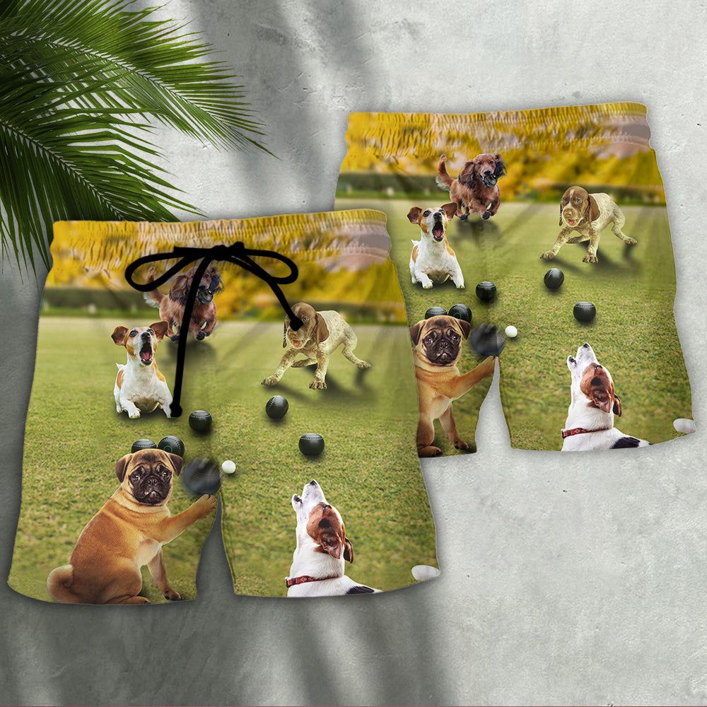 Lawn Bowling Dog Play In Yard Trendy Aloha Hawaiian Beach Shorts