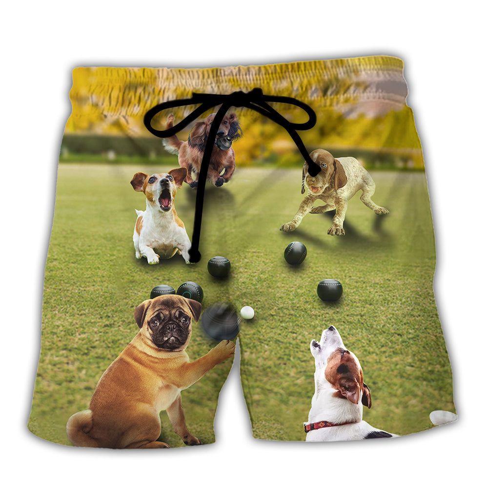 Lawn Bowling Dog Play In Yard Trendy Aloha Hawaiian Beach Shorts Lawn Bowling Dog Play In Yard Trendy Aloha Hawaiian Beach Shorts