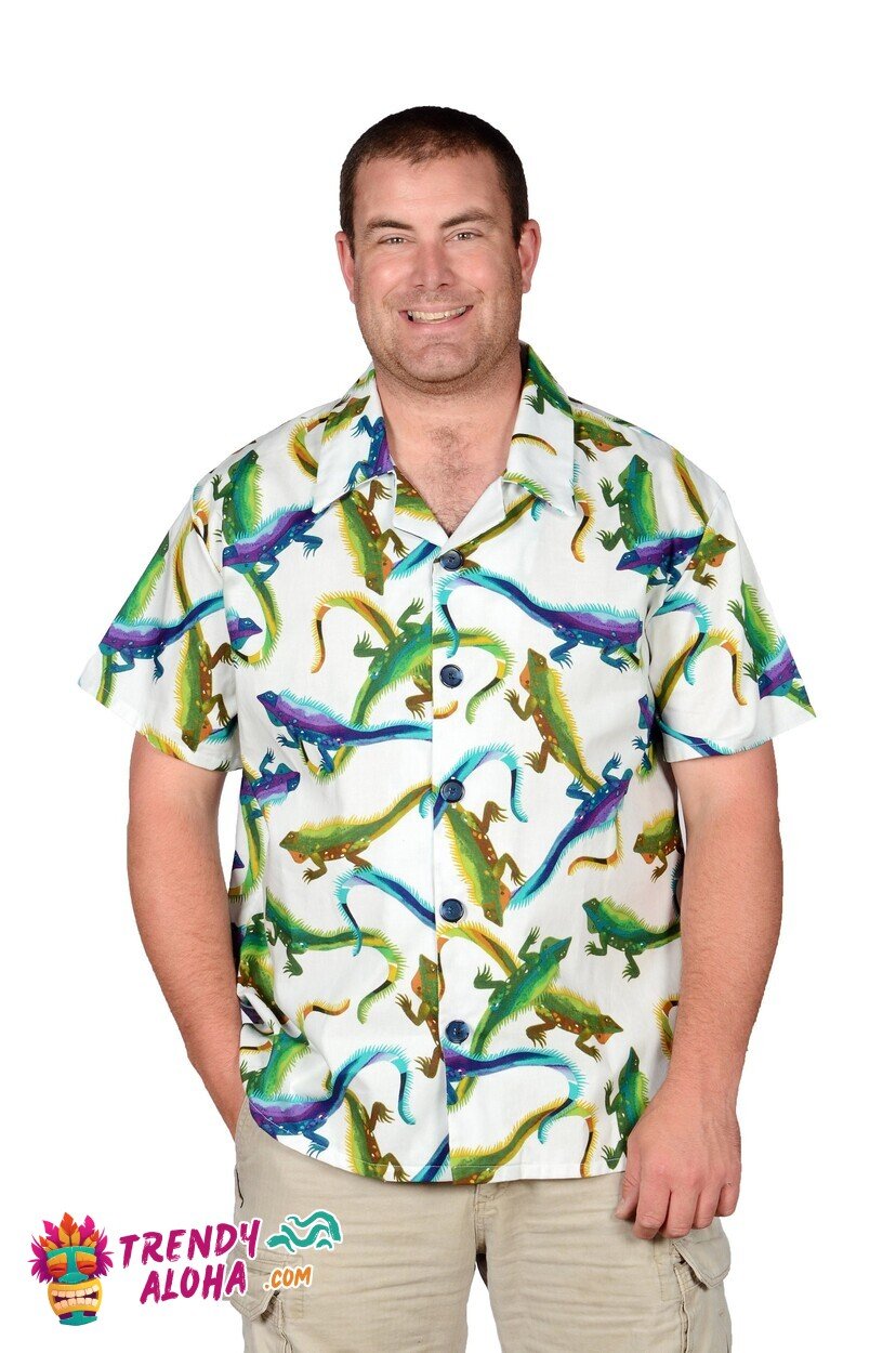 Leapin’ Lizard White Pattern Fun Hawaiian Shirt for Lizard Enthusiasts