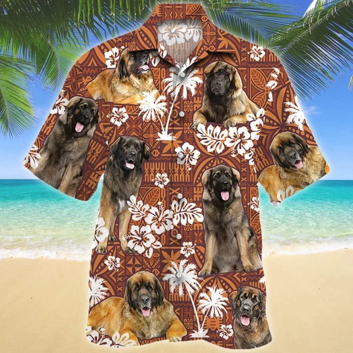 Leonberger Dog Hawaiian Shirt with Red Tribal Design