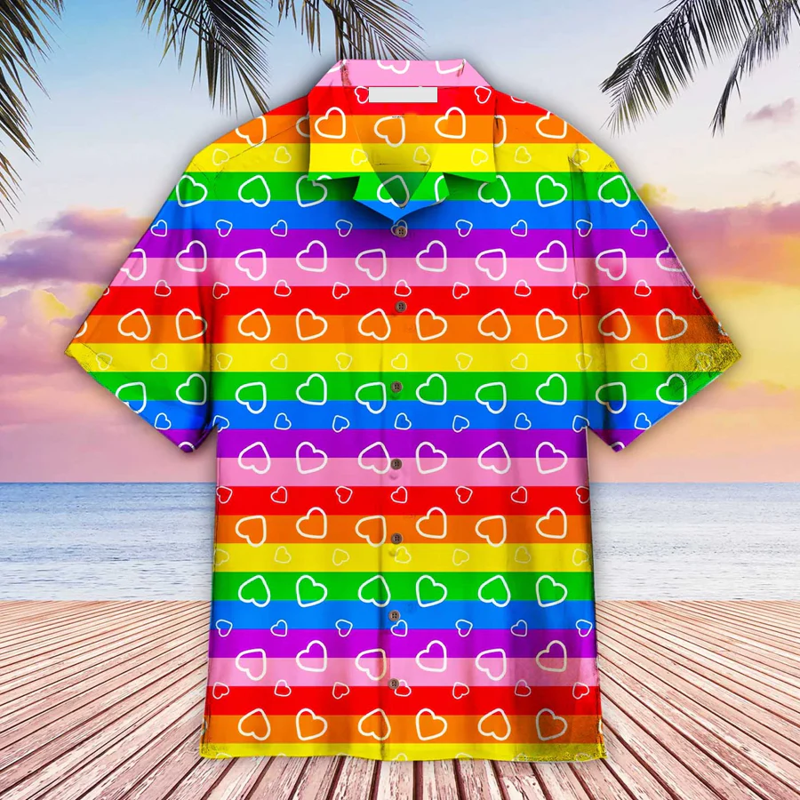 Lgbt Aloha Trendy Hawaiian Shirts For Summer, Heart Rainbow Colorful Lgbt Pride Aloha Trendy Hawaiian Shirts For Men Women