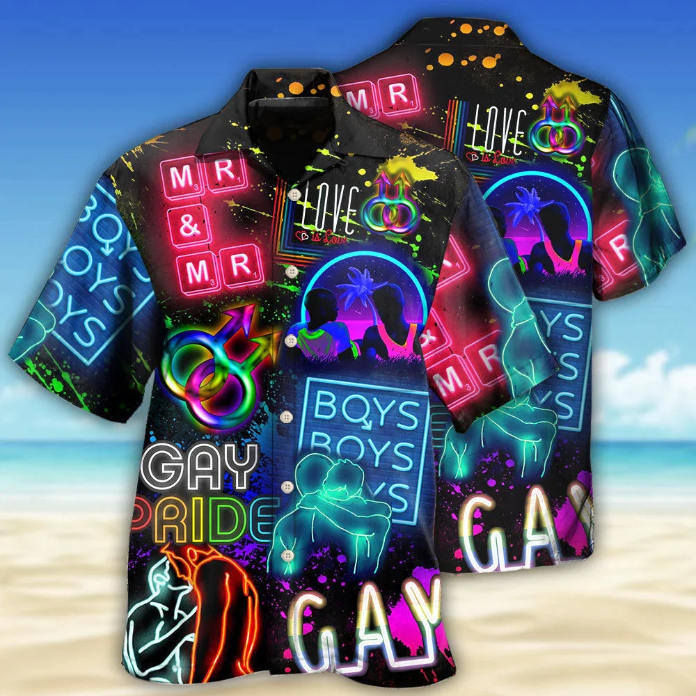 Lgbt Aloha Trendy Hawaiian Shirts For Summer, Neon Art Boy Gay Pride Colorful Rainbow Lgbt Trendy Hawaiian Shirts