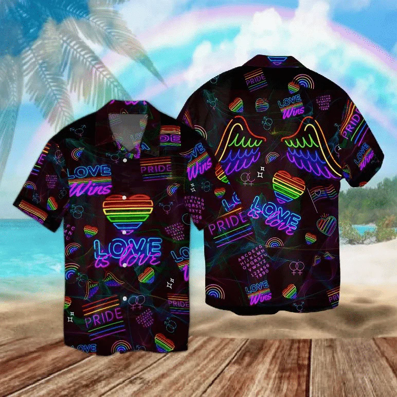 Lgbt Aloha Trendy Hawaiian Shirts For Summer, Neon Heart And Wings Rainbow Trendy Hawaiian Shirts For Men Women