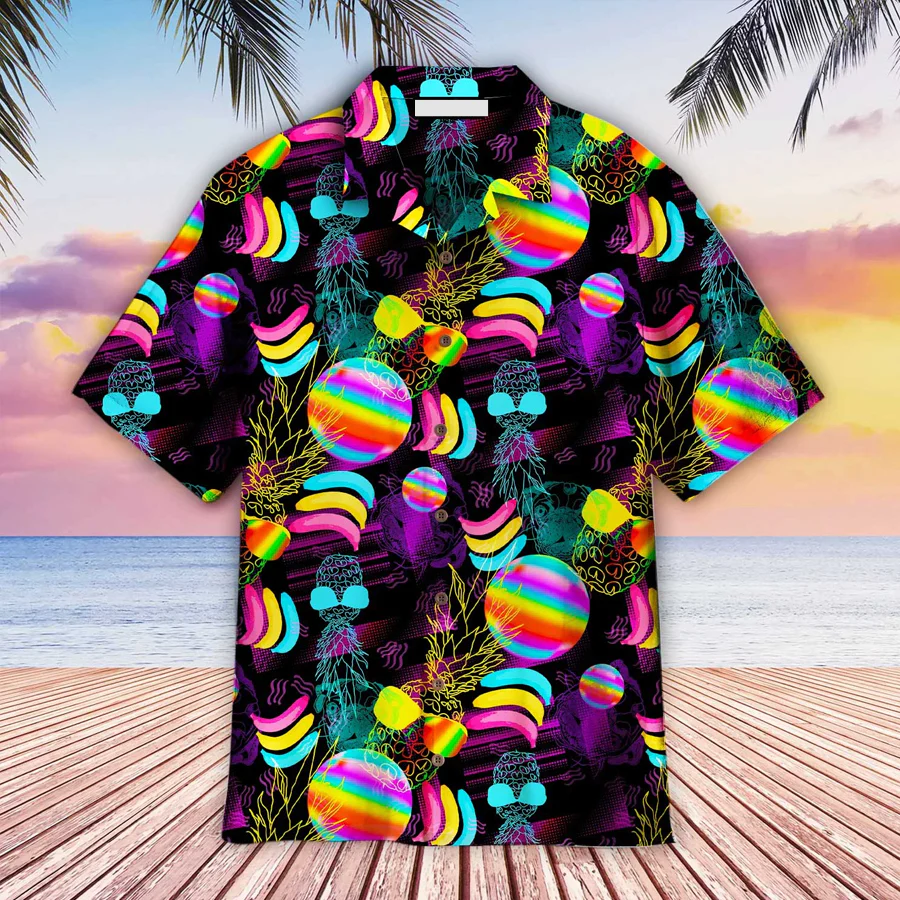 Lgbt Aloha Trendy Hawaiian Shirts For Summer, Pineapple Tropical Neon Rainbow Happy Lgbt Pride Month Colorful Trendy Hawaiian Shirts