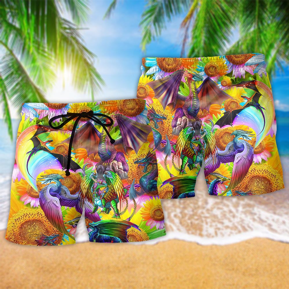 Lgbt Dragon Keep Calm And Pride On Sunflower Trendy Aloha Hawaiian Beach Shorts