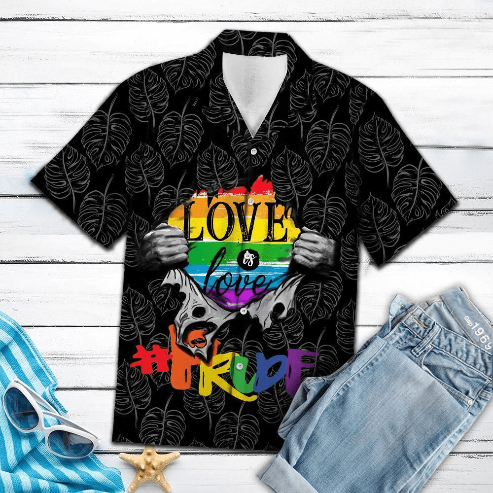 Lgbt Hawaii Shirt, Love Is Love Inside Black White Trpical Leafs Hawiian Aloha Shirt