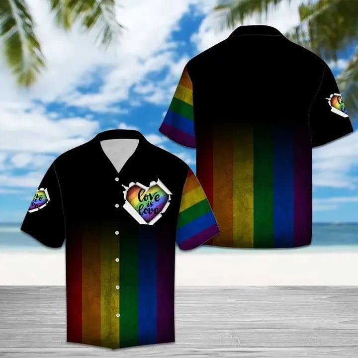 Lgbt Hawaiian Shirt Love Is Love Rainbow Striped Multicolor Black Hawaii Aloha Shirt