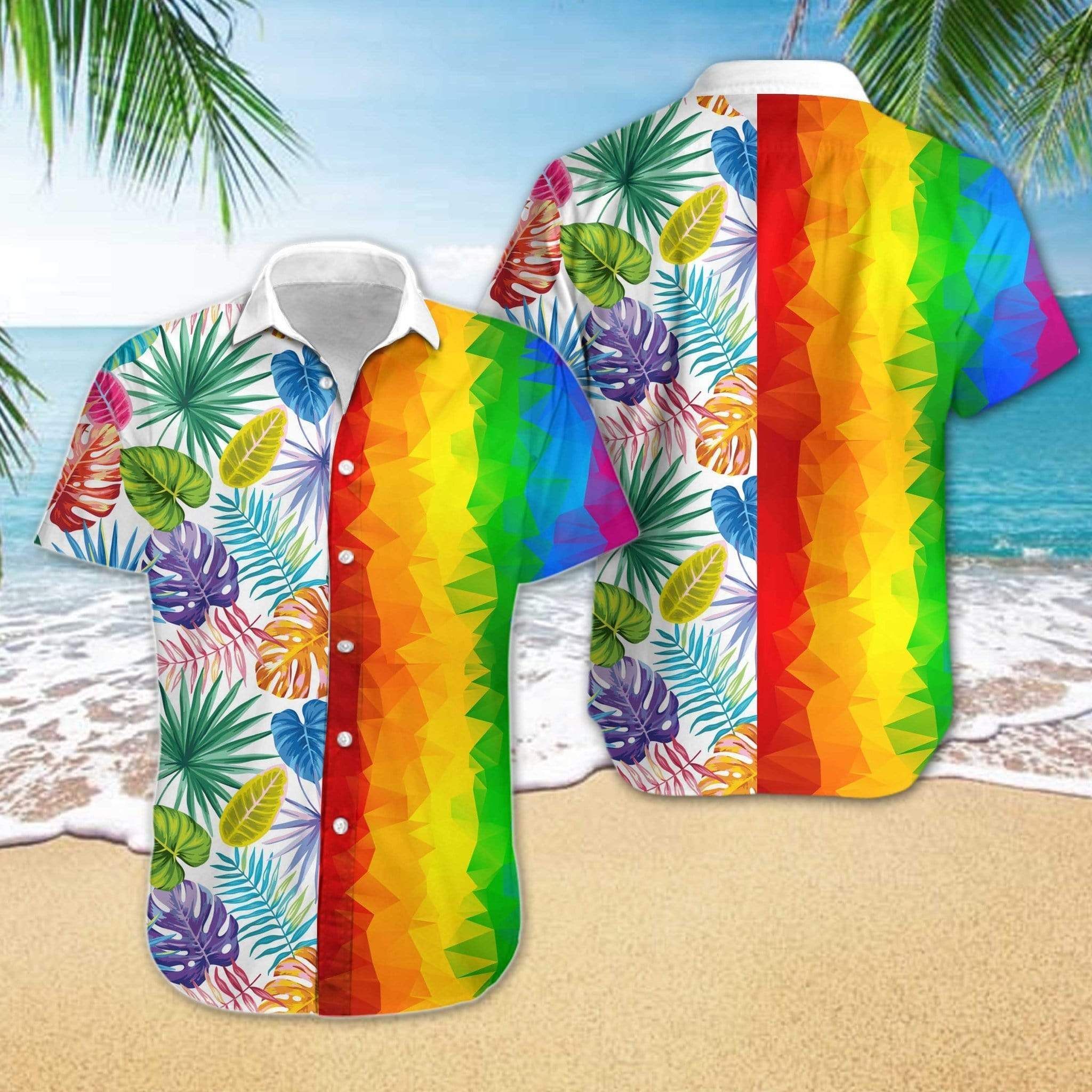 Lgbt Hawaiian Shirt Rainbow Polygonal Tropical Leaves Hawaii Aloha Shirt