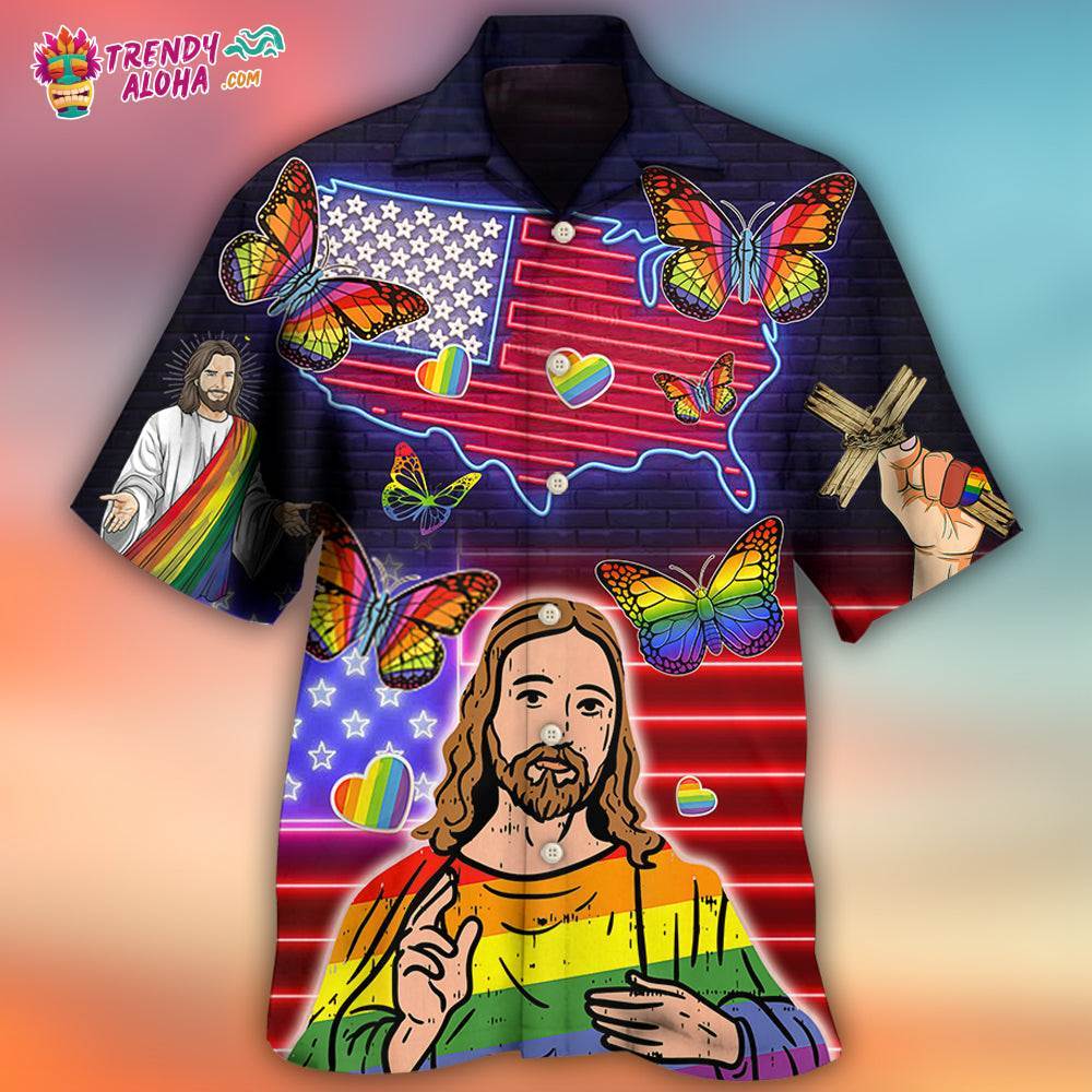 Lgbt Independence Day Jesus Butterfly Neon Hawaiian Shirt – Trendy Aloha