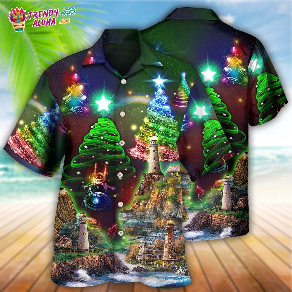Lighthouse And Merry Christmas Happy Hawaiian Shirt – Trendy Aloha