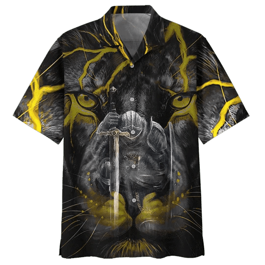 Lighting Gold Lion Trendy Hawaiian Shirt, Short Sleeve Hawaiian Aloha Shirt For Men And Women