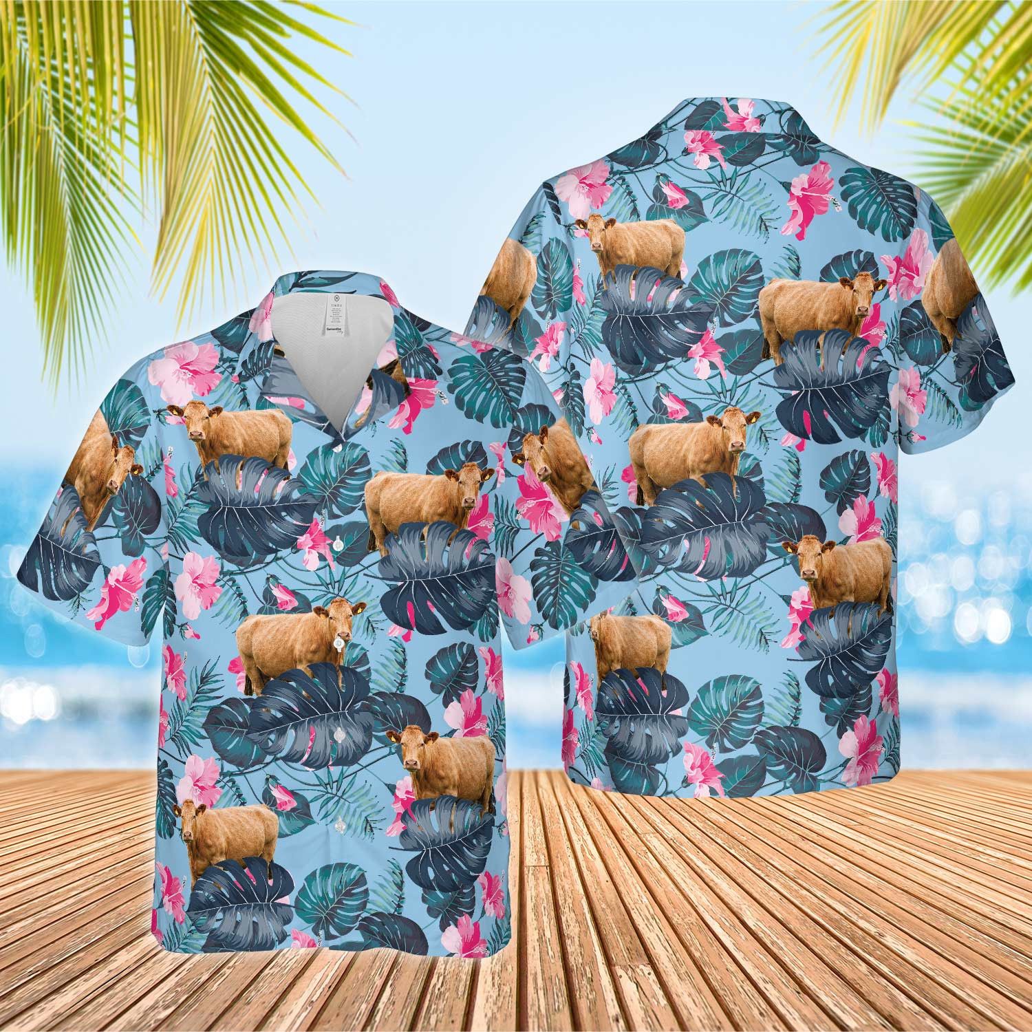 Limousin Enhanced With Blue Hibiscus Hawaiian Shirt Elegant Print