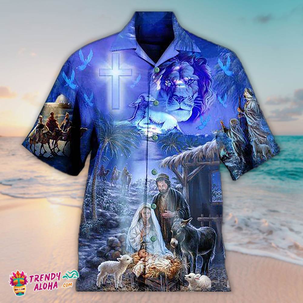 Lion And Jesus Was Born In A Farm Blue Hawaiian, Aloha Hawaiian Shirts