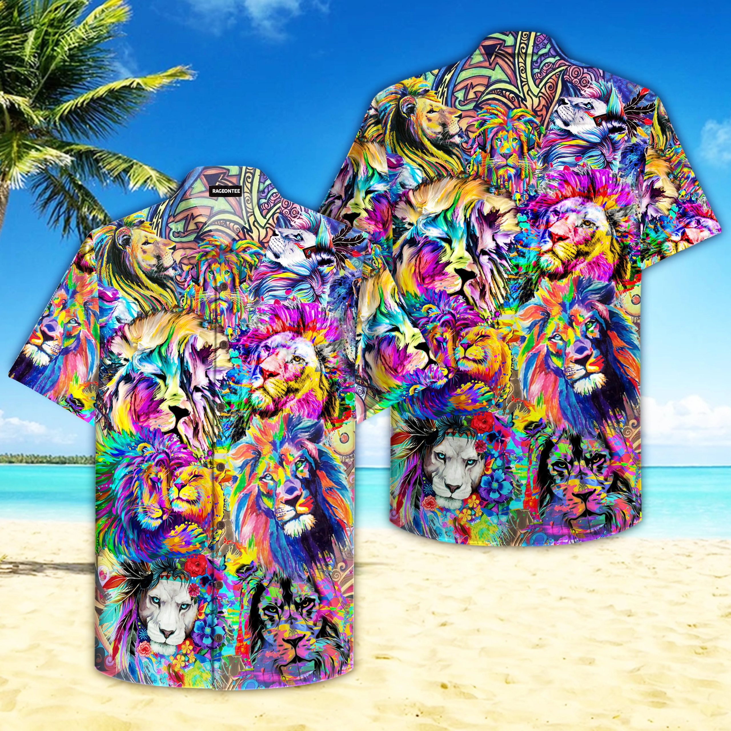 Lion in Hippie Colors Island Adventure Aloha Shirt