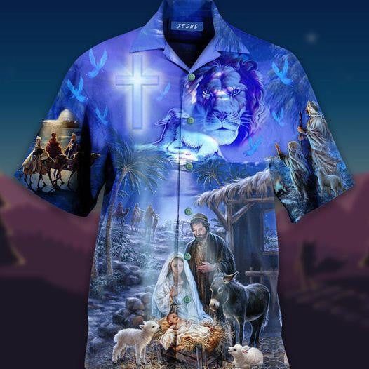 Lion With Jesus Was Born In Farm Blue Aloha Hawaiian Shirts For Men And Women |
