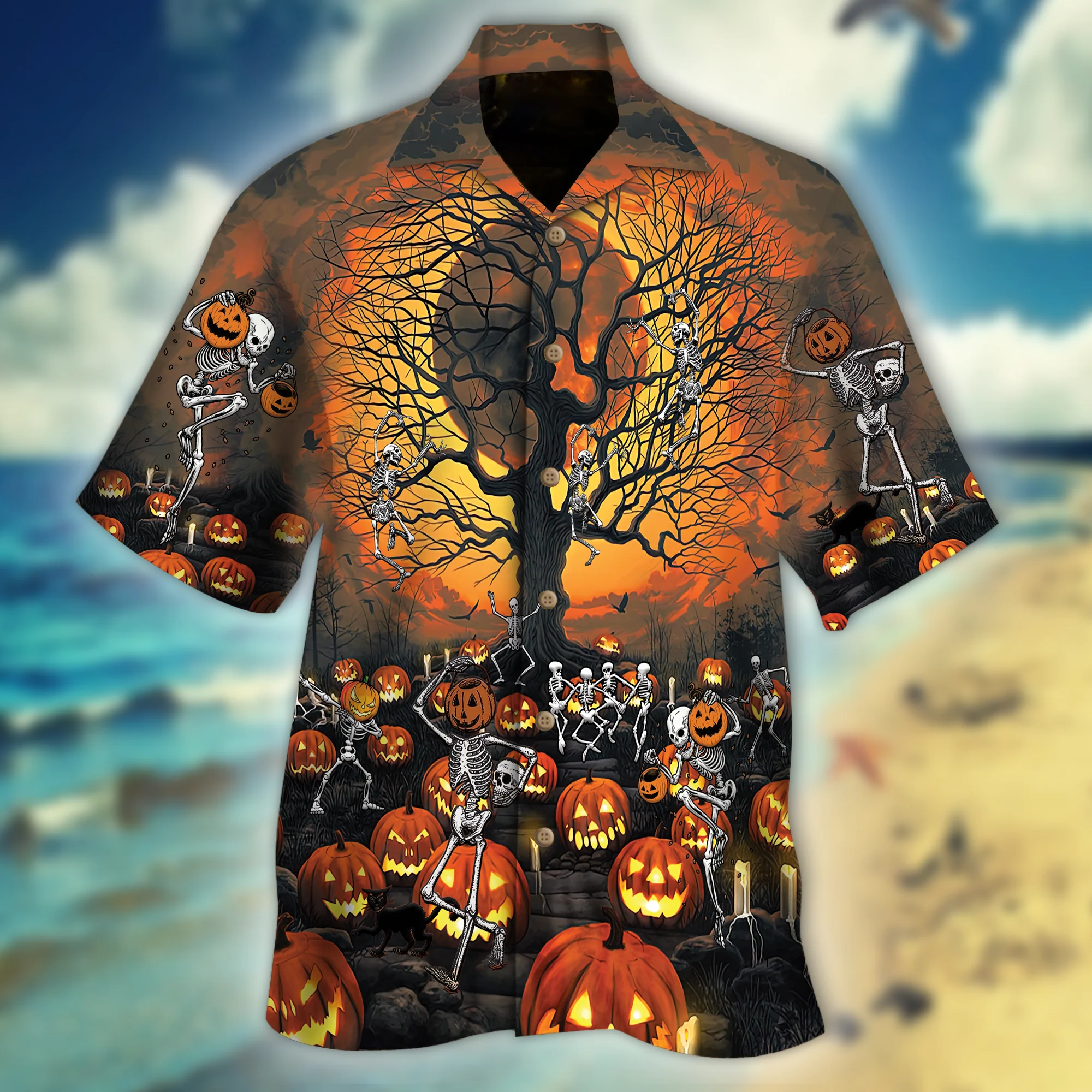 Lively Skull Theme Hawaiian Shirt Perfect for Halloween Enthusiasts