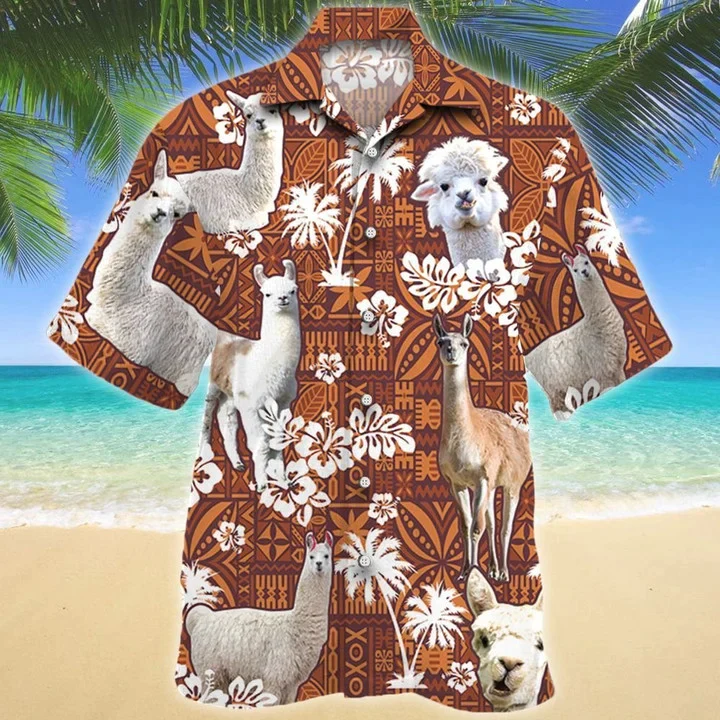 Llama And White Hibiscus On Brown Tribal Trendy Hawaiian Shirt, Short Sleeve Hawaiian Aloha Shirt For Men