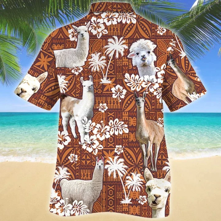 Llama And White Hibiscus On Brown Tribal Trendy Hawaiian Shirt, Short Sleeve Hawaiian Aloha Shirt For Men