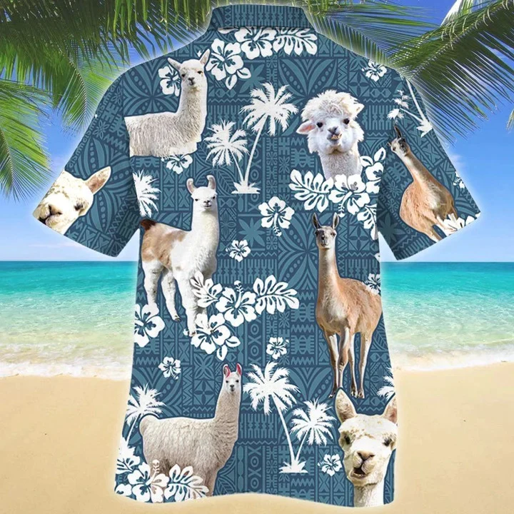 Llama Blue Tribal Hibiscus On Denim Jean Pattern Trendy Hawaiian Shirt