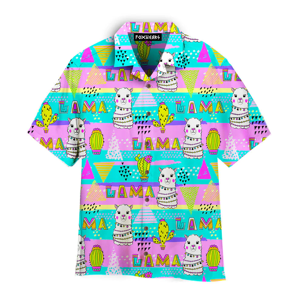 Llama On Bright Neon Pink And Blue Pattern Aloha Hawaiian Shirts