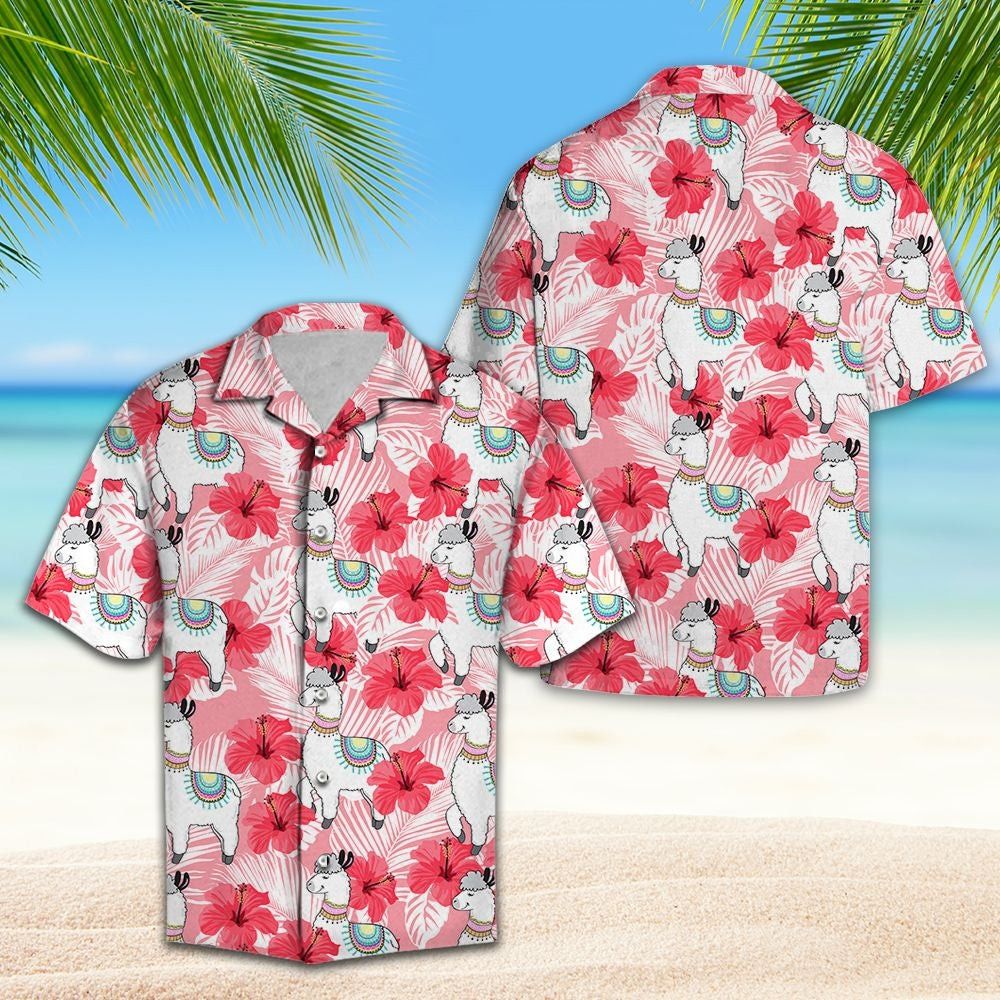 Llama Tropical Flowers Hibiscus Trendy Hawaiian Shirt, Llama Trendy Hawaiian Shirt For Summer Gifts Llama Tropical Flowers Hibiscus Trendy Hawaiian Shirt, Llama Trendy Hawaiian Shirt For Summer Gifts