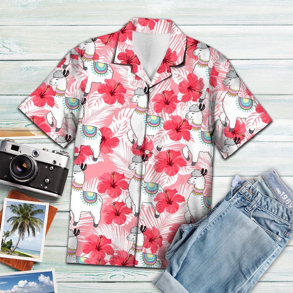 Llama Tropical Flowers Hibiscus Trendy Hawaiian Shirt, Llama Trendy Hawaiian Shirt For Summer Gifts