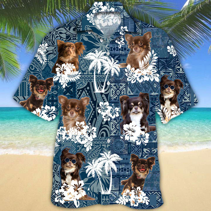 Long Haired Chihuahua Hawaiian Tropical Plants Pattern Blue And White All Over Printed 3D Hawaiian Shirt