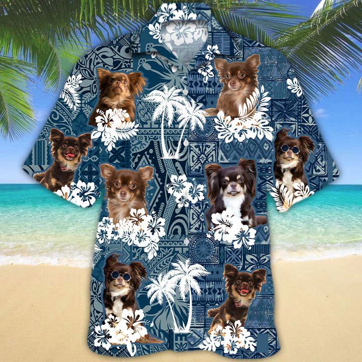 Long Haired Chihuahua Hawaiian Tropical Plants Pattern Blue And White All Over Printed 3D Trendy Hawaiian Shirt
