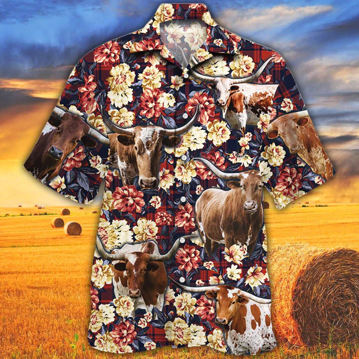 Longhorn Angus Cattle Red Plaid Pattern All Over Printed 3D Hawaiian Shirt