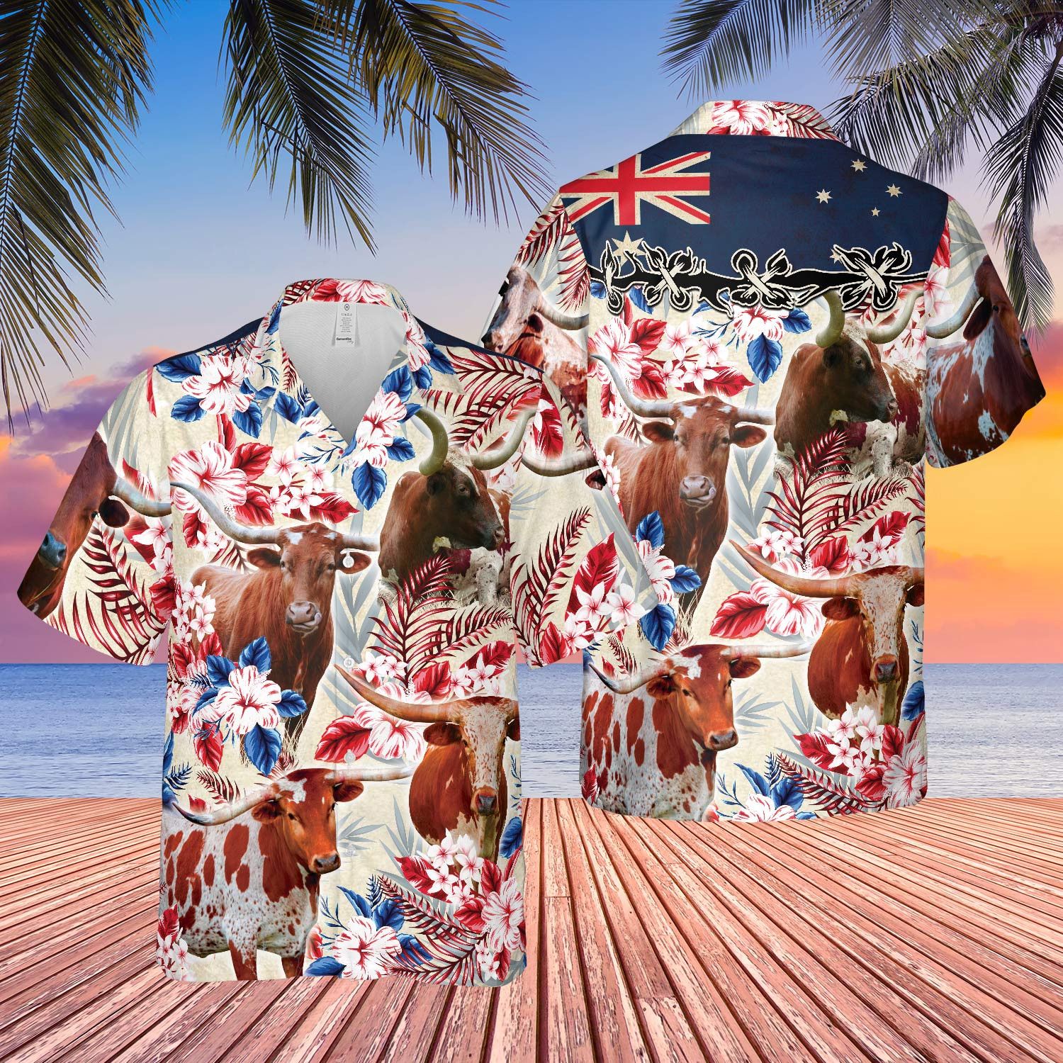 Longhorn Cattle Australia Flag Hawaiian Flowers Hawaiian Shirt