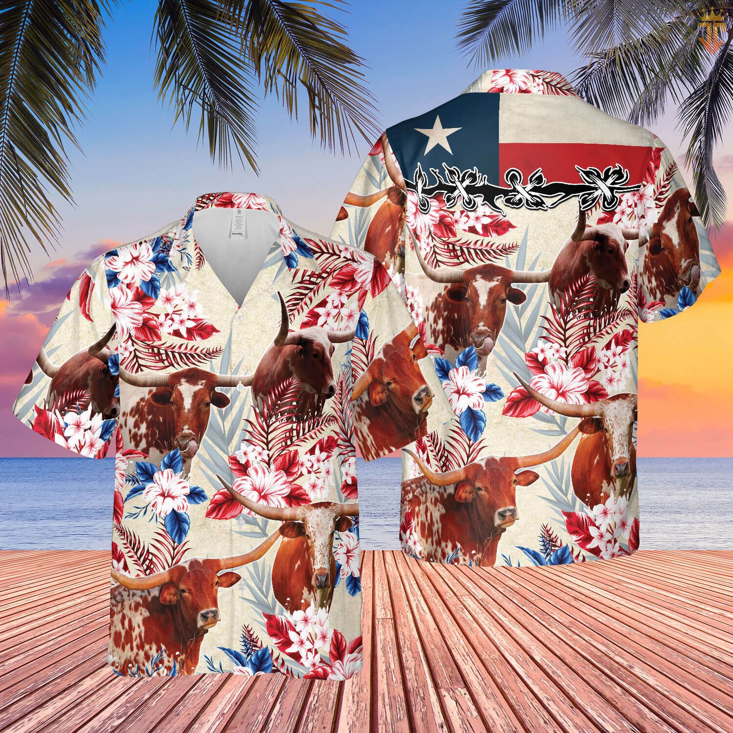 Longhorn Cattle Texas Flag Hawaiian Flowers All Over Printed 3D Hawaiian Shirt