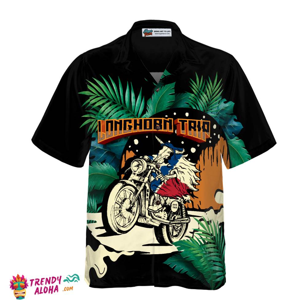 Longhorn Trip Texas Hawaiian Shirt For Men, Skull Motocycle Vintage Shirt, Proud Texas Shirt For Texans